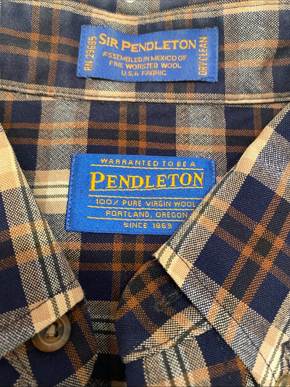 Pendleton Navy and Brown Plaid Wool Button-Down Shirt